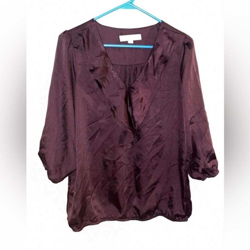 Womens Plum Ruffle V-Neck Blouse